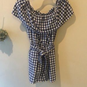 m blue and white checked romper